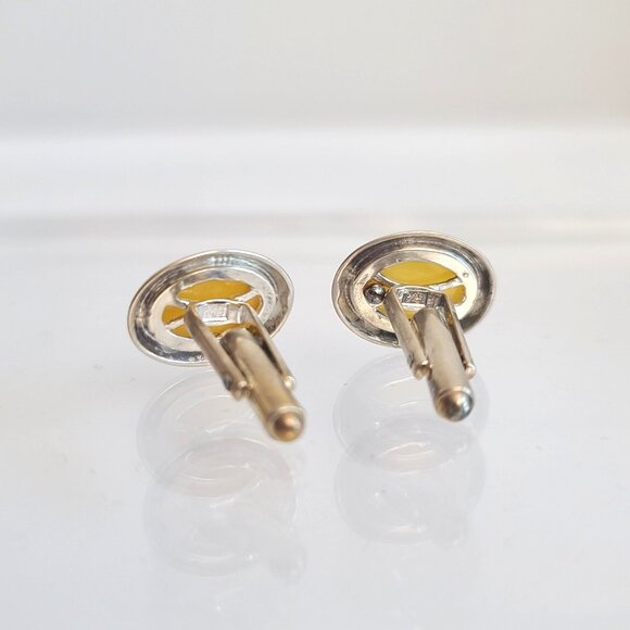925 sterling silver cufflinks oval egg yolk butterscotch yellow amber cabochons - Picture 3 of 7
